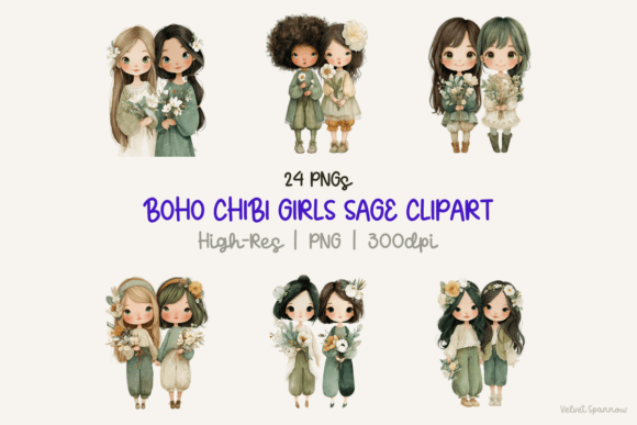 Boho Chibi Girls Sage Clipart Guide