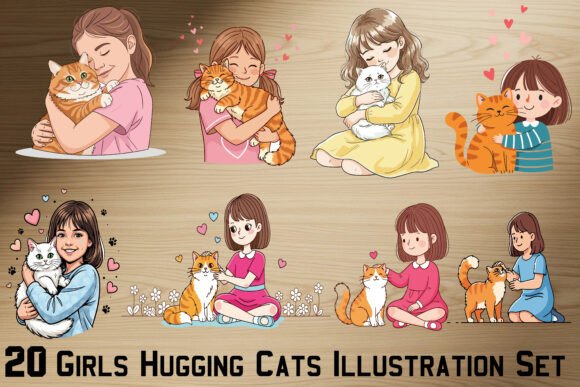 Exploring the Creative Potential of the 20 Girls Hugging Cats Illustration Set